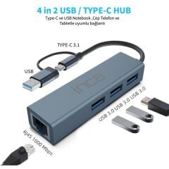 INCA IUTP-03T USB HUBX3 USB 3.0 10 GBPS+ETHERNET RJ45 1000MBPS ÇOKLAYICI